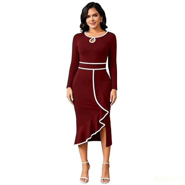 Vestido midi ajustado burdeos con ribete blanco, de manga larga, con escote en forma de llave, contraste en el dobladillo con volantes y abertura, elegante para fiestas y oficina