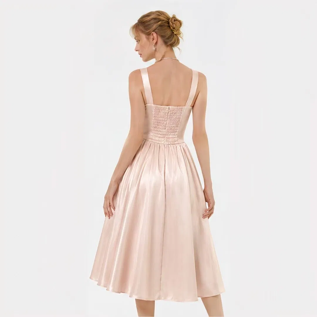 Vestido MIDI de satén rosa con lazo en la parte delantera, tirantes anchos, corte A, vestido de cóctel para mujeres