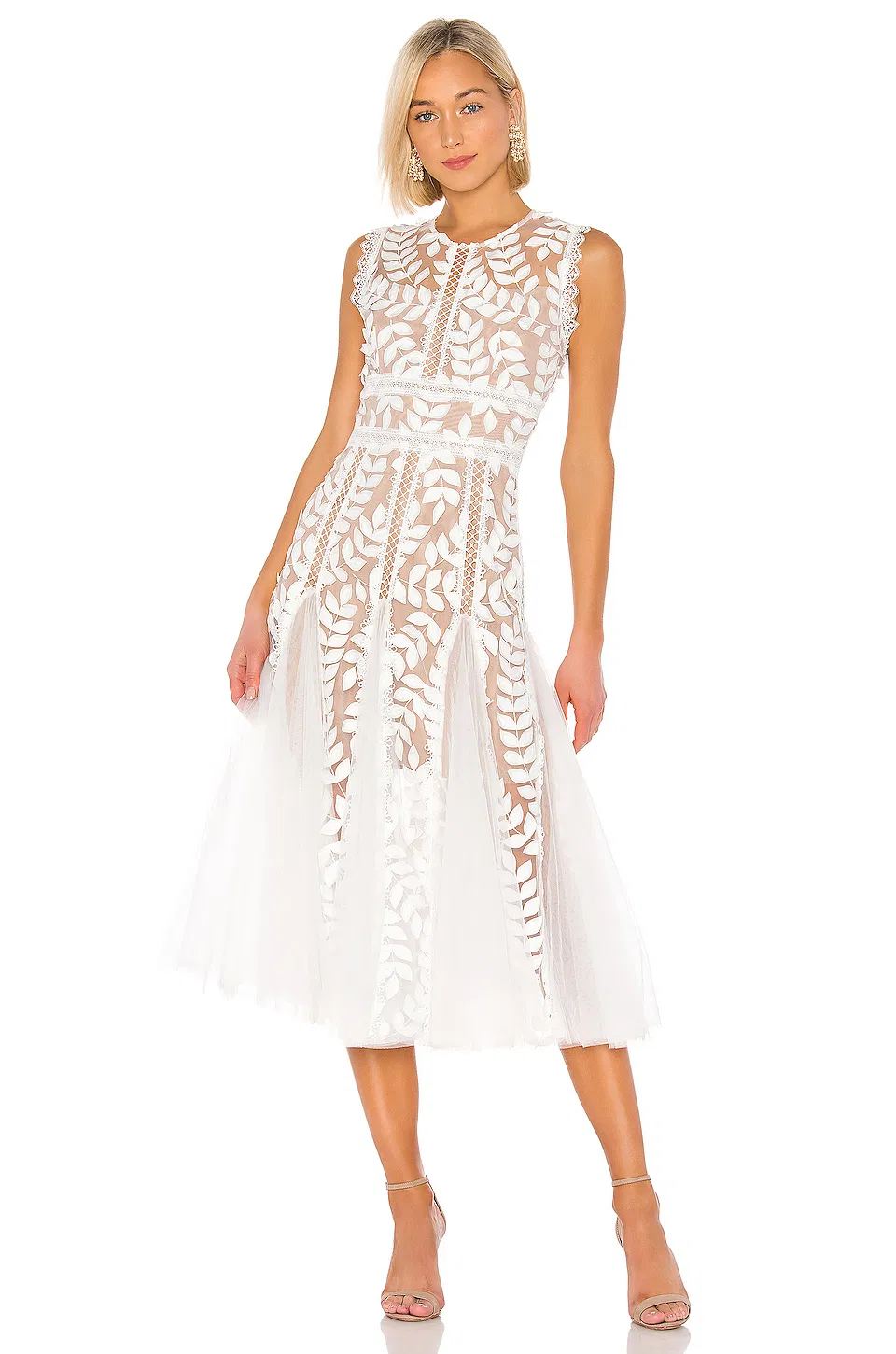 OEM Moda Verano Personalizado Logo Aplique Floral Último Nuevo Diseño Ropa Elegante para Mujeres Dama Vestidos Casuales MIDI Blancos con Detalle de Encaje de Malla
