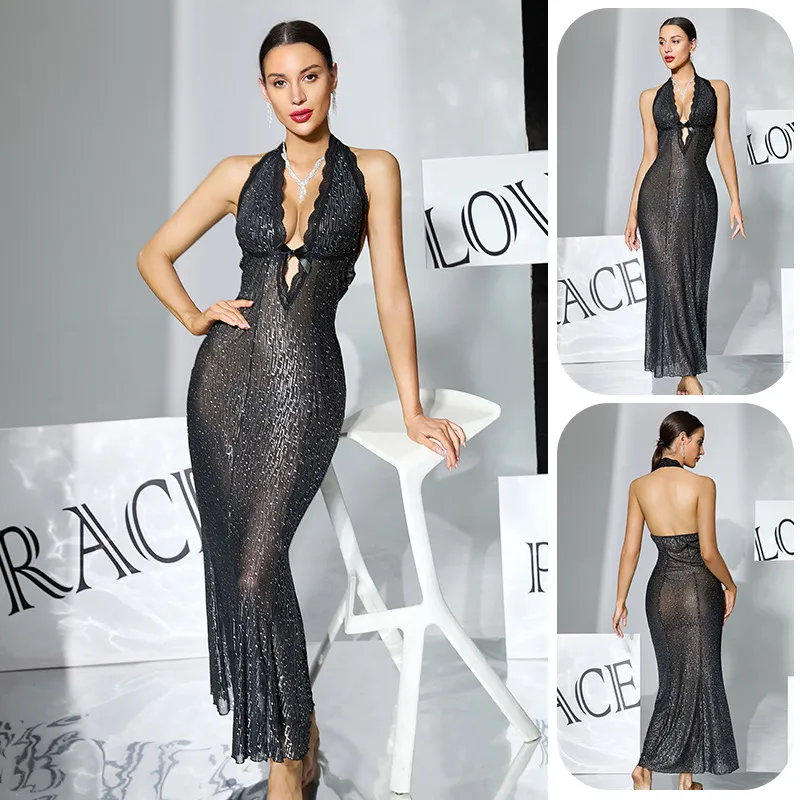 Vestido de dormir de malla brillante estrellada de lujo con espalda profunda y sin espalda, vestido de cita de longitud media para mujer
