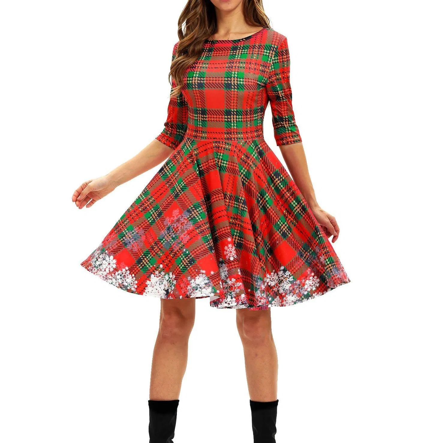 2027new Vestido de media manga de cuello redondo elegante y de alta gama impreso para mujeres de Navidad