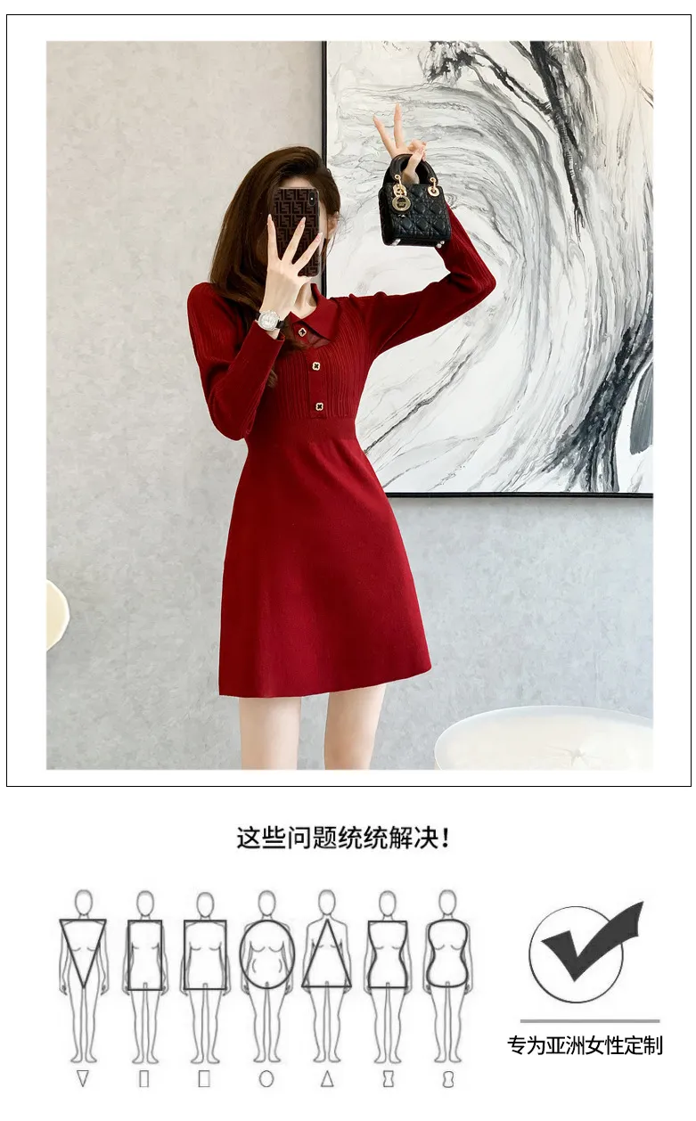 Vestido casual de línea A con cuello rojo para oficina para mujeres