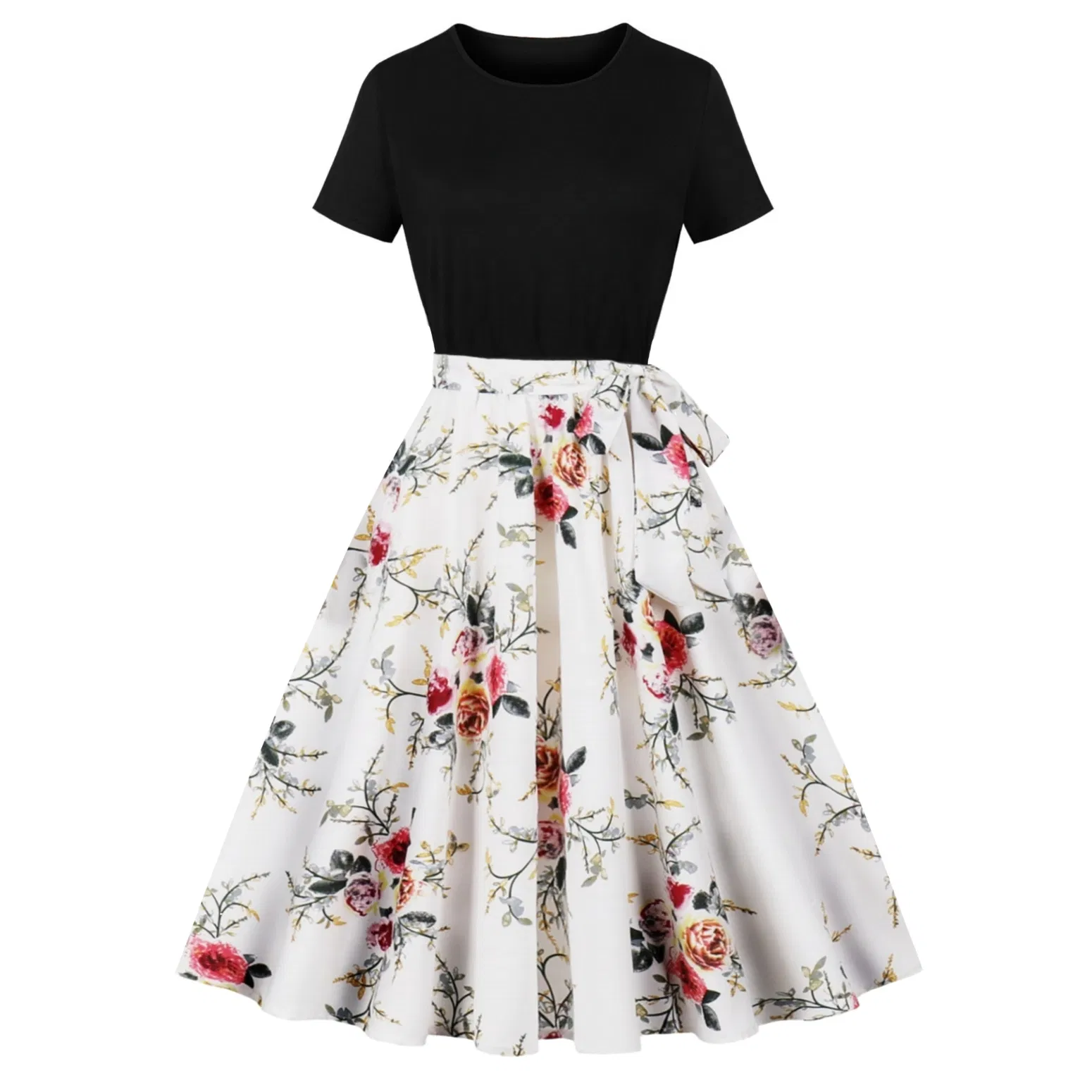 Vestido retro vintage para mujer, de manga corta, parte superior negra, cintura alta, estampado floral de lunares, vestido de cóctel en línea A, estilo rockabilly