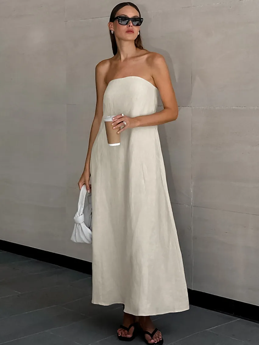Vestido casual de cintura alta sin tirantes de algodón y lino para vacaciones
