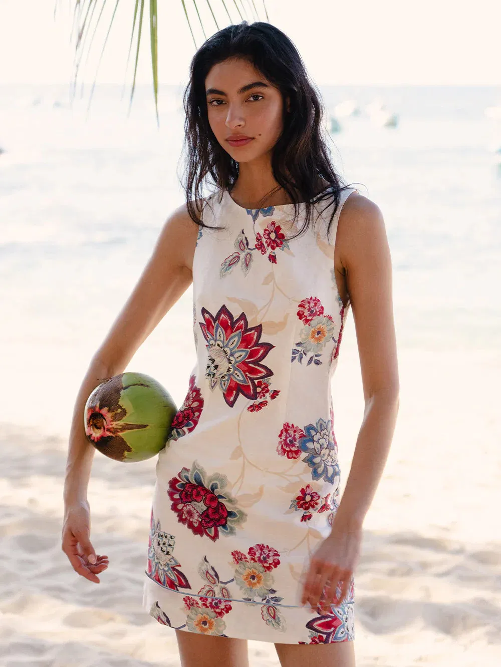 Vestido mini sin mangas de mezcla de lino para mujeres, estampado floral, sin espalda, con lazo, vestido casual de verano para la playa