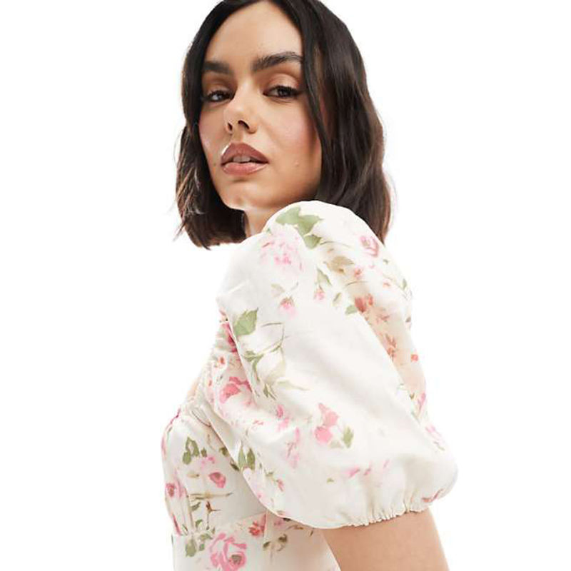 Vestido de Dama 2025 Nuevo Vestido de Punto Personalizado para Mujeres con Mangas Abullonadas, Escote Corazón, Impresión Floral, Con Abertura Lateral, Vestido Relajado para Fiesta o Cita