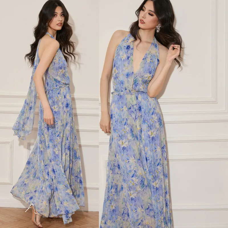 Vestidos de lujo personalizados para mujeres, elegante vestido de manga larga con estampado floral