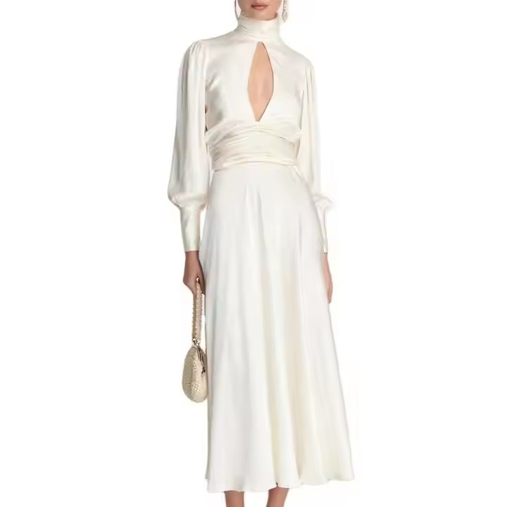 Vestido maxi de satén vintage personalizado para mujeres, elegante, con mangas abullonadas, espalda descubierta y detalle fruncido