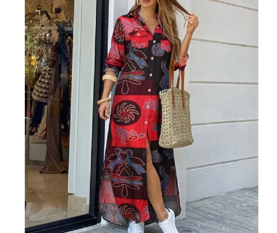 Vestido de camisa de mujer de manga larga casual con dobladillo irregular impreso