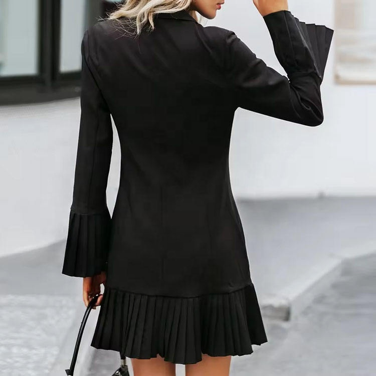 Ropa de oficina profesional para mujeres, vestido elegante de manga larga con falda corta acampanada de poliéster plisada