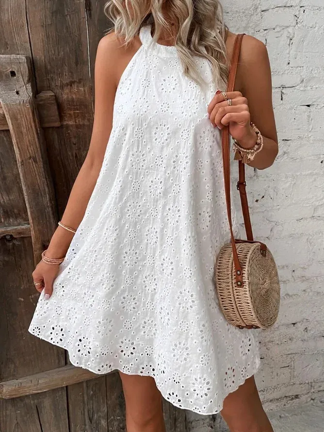 Vestido de verano sin mangas de encaje para mujer, color sólido, con botones en el cuello