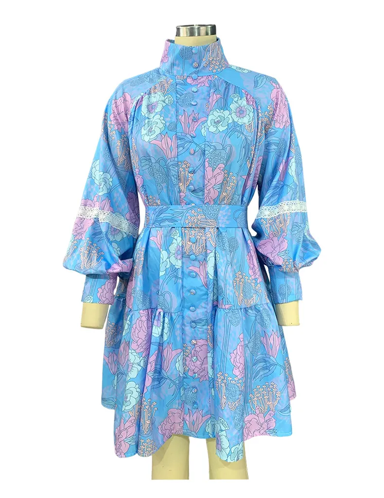 Nueva mujer prima; vestido de camisa impresa de gran vuelo con cuello alto de manga larga