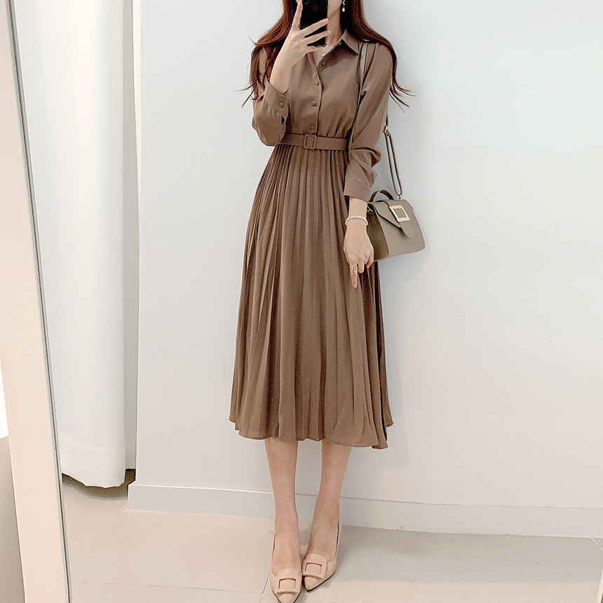 Nuevos vestidos largos plisados para mujeres, vestido de camisa con solapa, de manga larga, elegante francés, color sólido, vestido casual para oficina