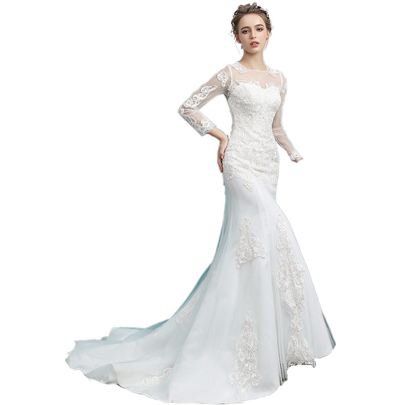 Vestido de novia de sirena con mangas largas de encaje, apliques de encaje y cuentas en color marfil