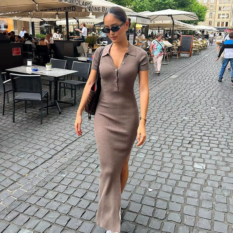 Vestido Maxi de Camiseta para Mujeres, Casual, Verano, Playa, Fiesta, Vintage, Suelto, Manga Corta, Cuello Polo, Con Alta Abertura, Vestido de Punto