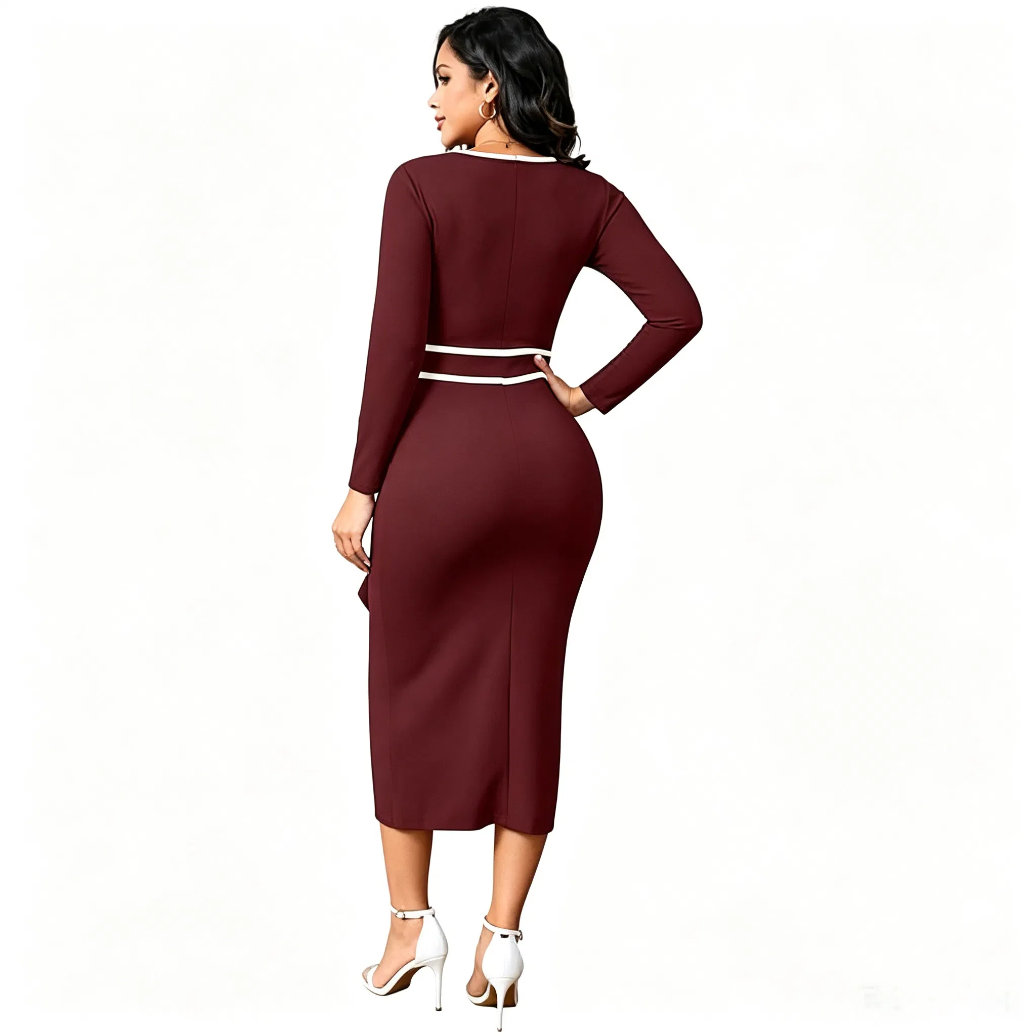 Vestido midi ajustado burdeos con ribete blanco, de manga larga, con escote en forma de llave, contraste en el dobladillo con volantes y abertura, elegante para fiestas y oficina
