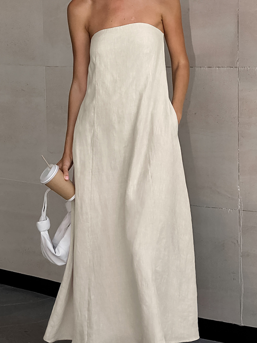 Vestido casual de cintura alta sin tirantes de algodón y lino para vacaciones
