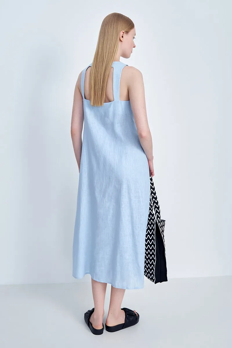 Vestido largo sin mangas de lino azul cielo para oficina de mujeres, con espalda descubierta