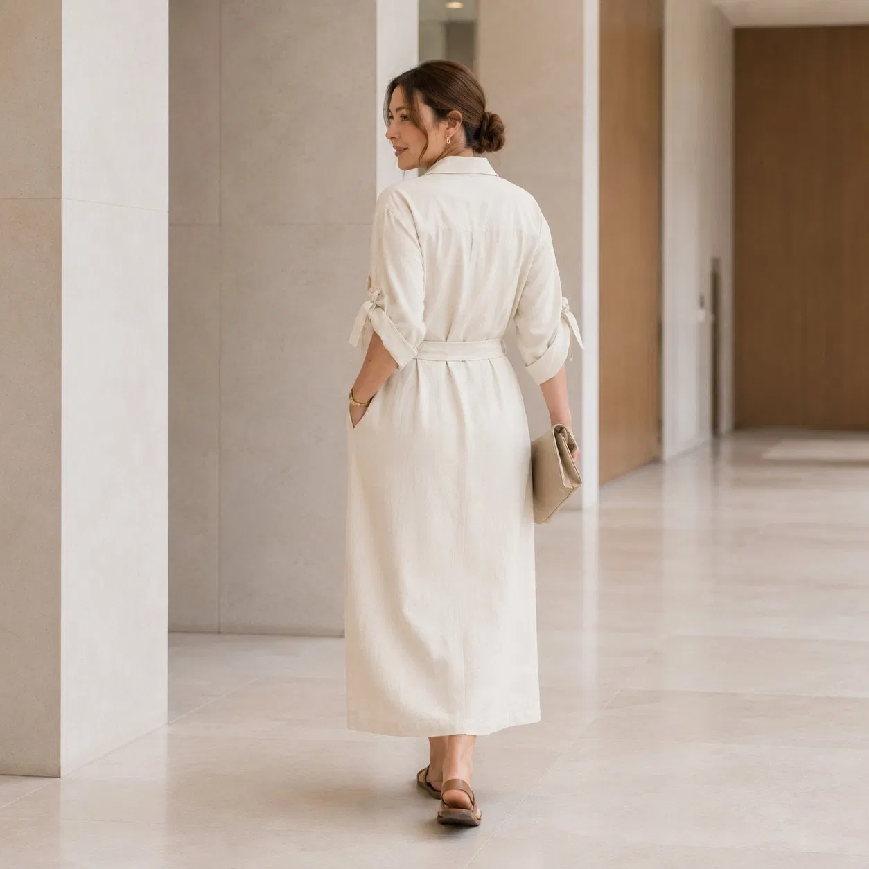 Vestido MIDI de mezcla de lino beige para mujer, con mangas enrollables y lazo, cinturón en la cintura, abertura frontal, vestido casual de oficina, talla personalizada en stock, venta al por mayor
