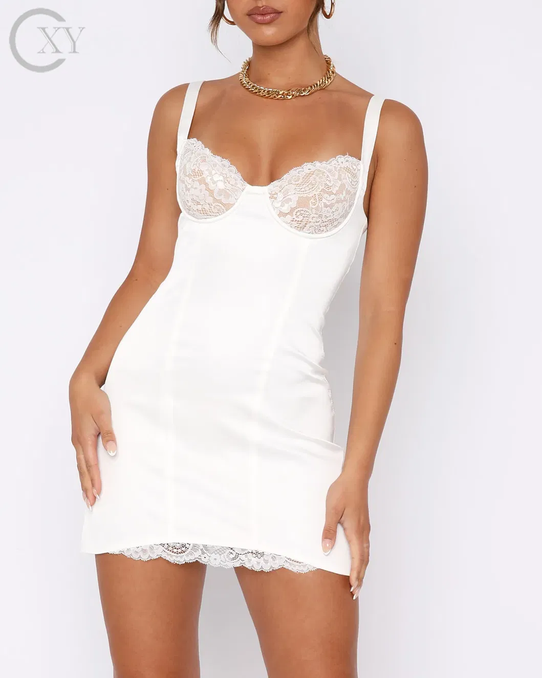 Vestido mini de encaje con tirantes delgados ajustables para mujeres personalizado