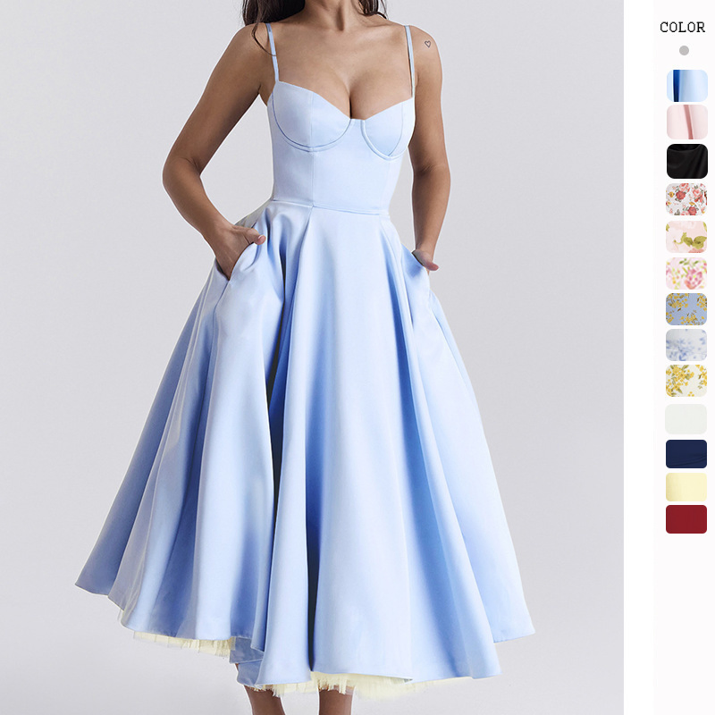 Nueva llegada vestido de verano de doble tirante para mujeres, elegante ropa de dama