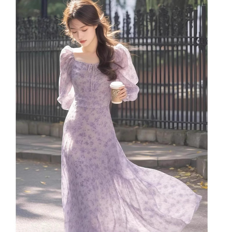 Nuevo vestido de boutique para mujeres de estilo francés en color púrpura con flores