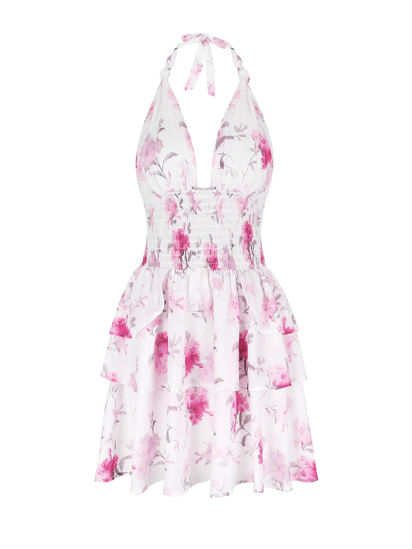 Vestido de verano mini con tirantes halter, sin espalda, con volantes y corte acampanado para mujer