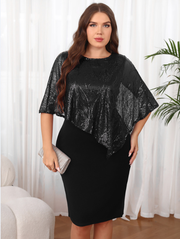 Vestido Bodycon con Superposición de Lentejuelas de Talla Grande al por Mayor, Vestido de Cóctel Elegante para la Noche, Conjunto Formal Halagador 2 para Mujeres Plus