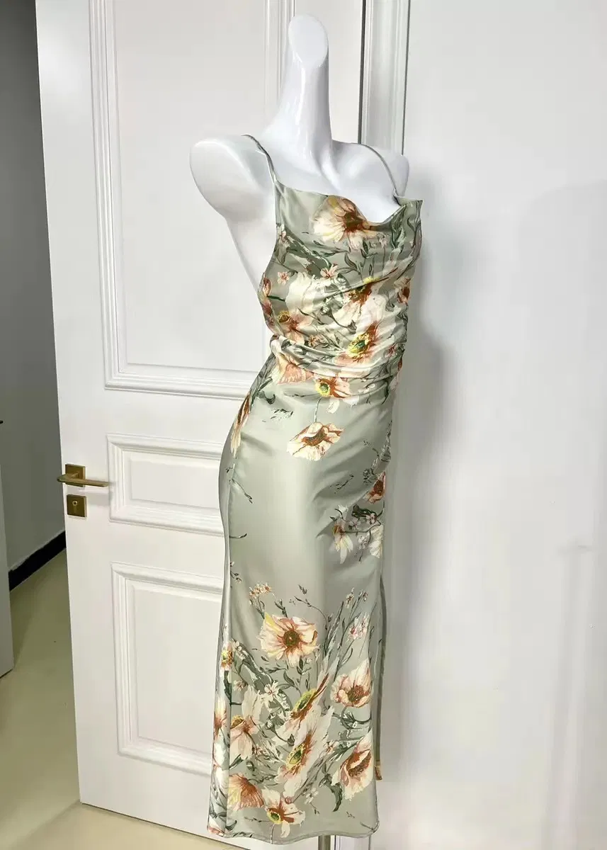 OEM Mayorista Ropa Personalizada Algodón Verano Mujeres Dama Estampado Floral Cuello en V Sexy Vintage Ajustado Sin Mangas Chifón Satén Logo de Marca Impresión Digital Vestidos