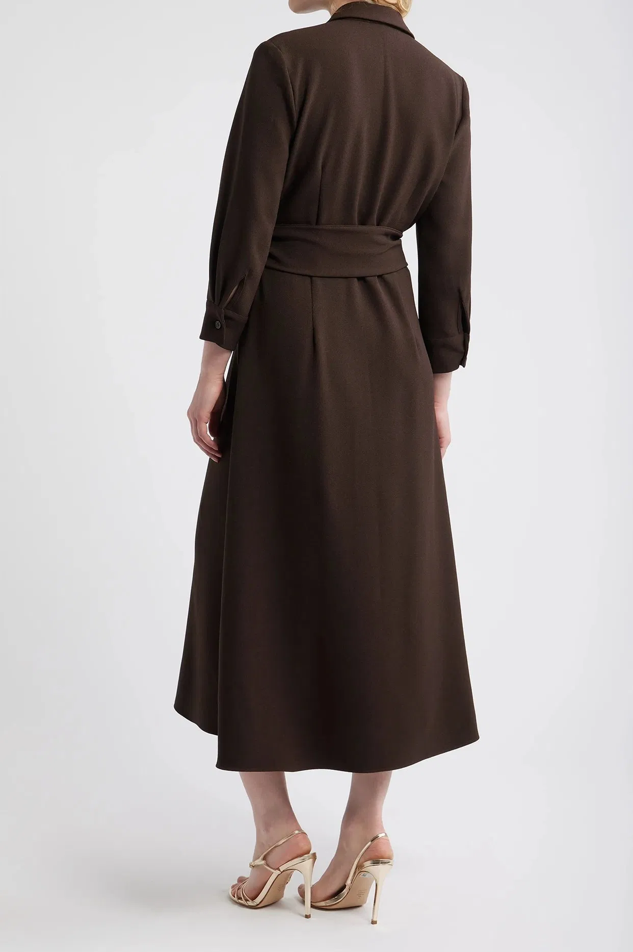 Vestido Midi Camisero con Cinturón para Mujeres - Vestido Acampanado de Poliéster y Spandex Marrón con Cinta en la Cintura