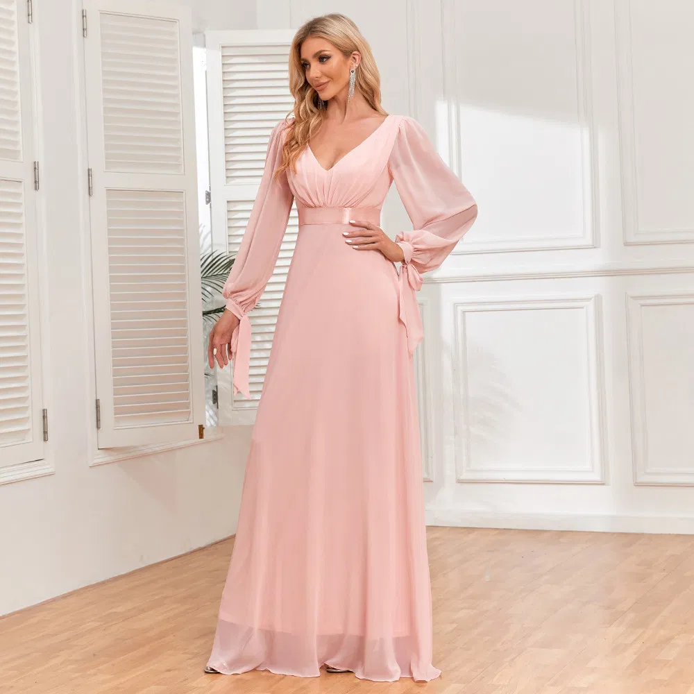 Vestido de noche elegante de doble escote en V con mangas largas de tul brillante, corte A, completamente forrado, para fiestas de boda