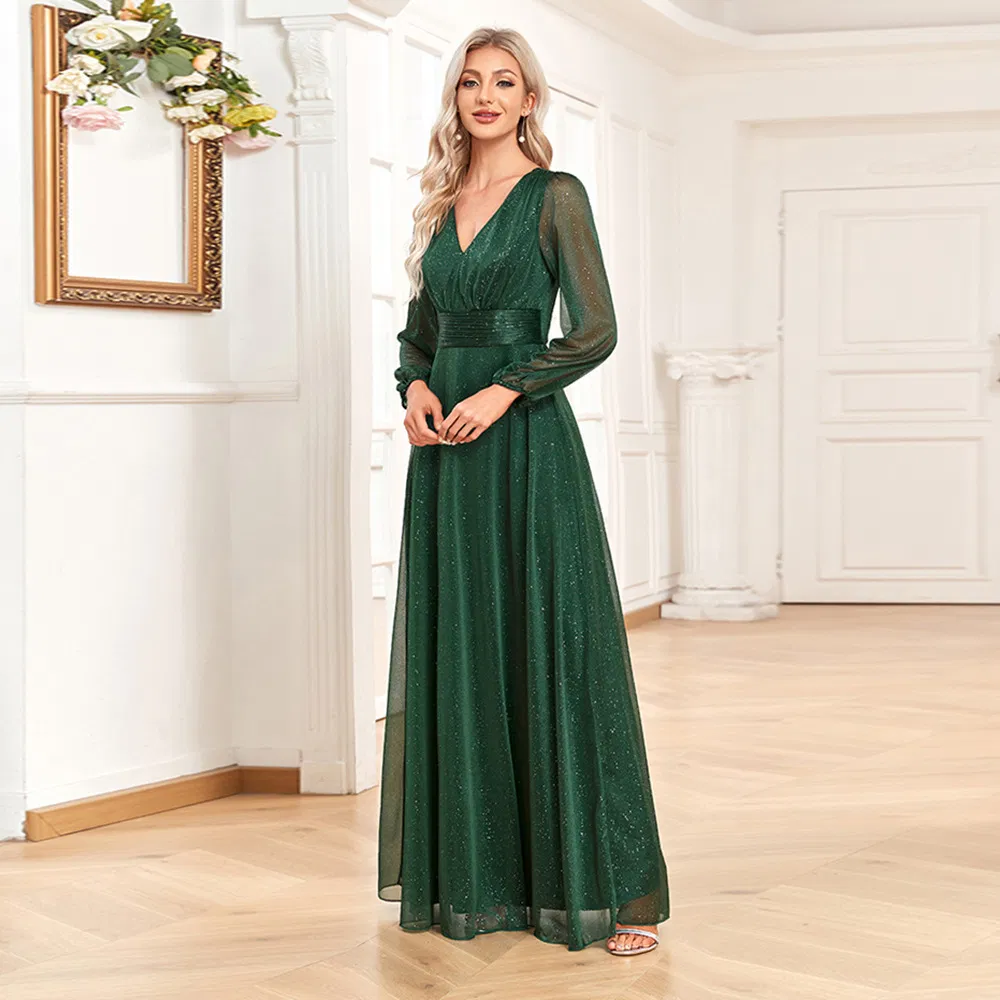2025 Nuevo vestido de noche elegante de gasa brillante con escote en V, corte A, mangas largas transparentes para fiesta de bodas, vestido de dama de honor