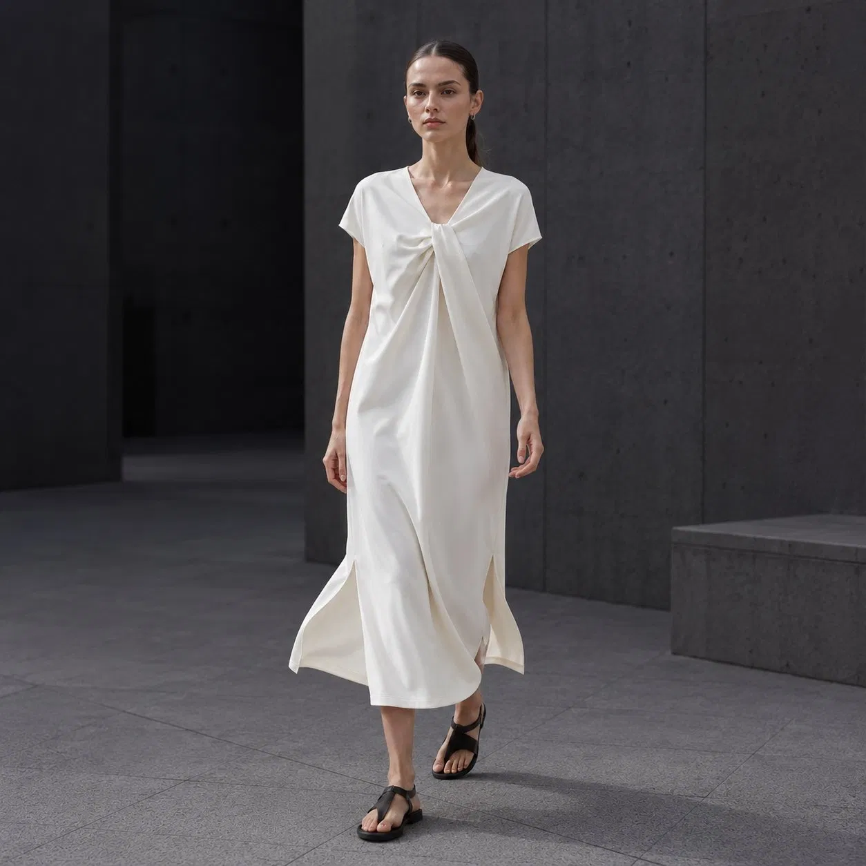 Vestido MIDI reversible minimalista para mujer con frente en V y nudo en la espalda, manga corta, abertura lateral, suelto, ideal para viajar, tela personalizada, stock disponible
