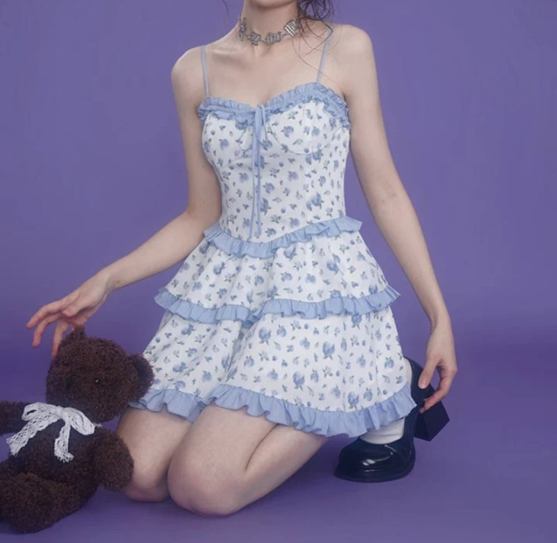 Vestido mini de verano para mujeres, elegante, con estampado floral, fruncido en el busto, con tirantes atados y volantes
