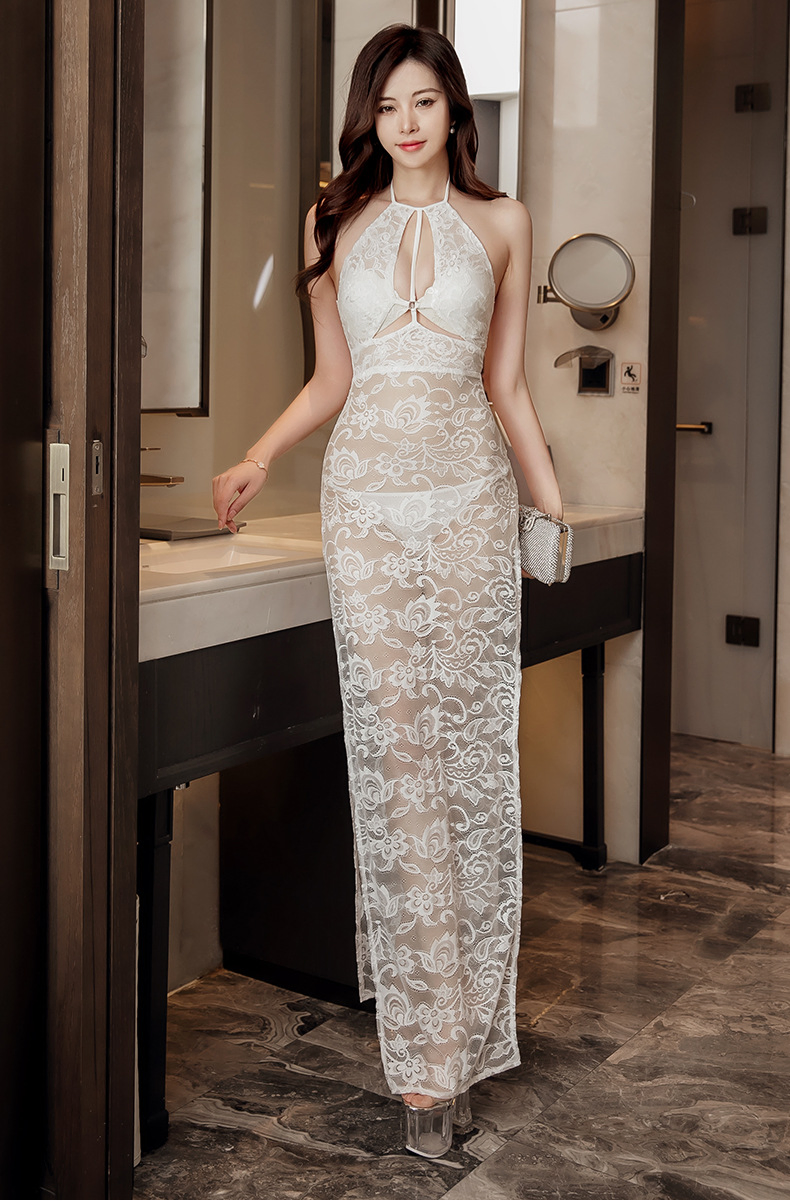 Venta al por mayor de fábrica, nuevo vestido de moda negro y blanco para verano, fiesta de noche, boda, vestido halter para mujeres, sexy con abertura negra, vestido midi de temperamento destacado