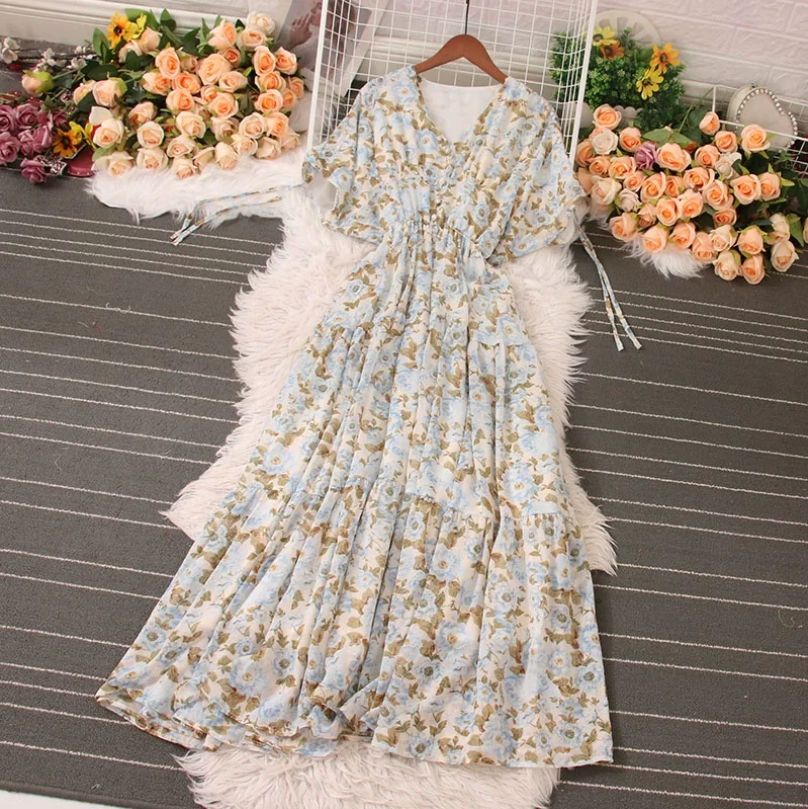 Vestido de hada largo y fluido vintage francés encantador para mujeres