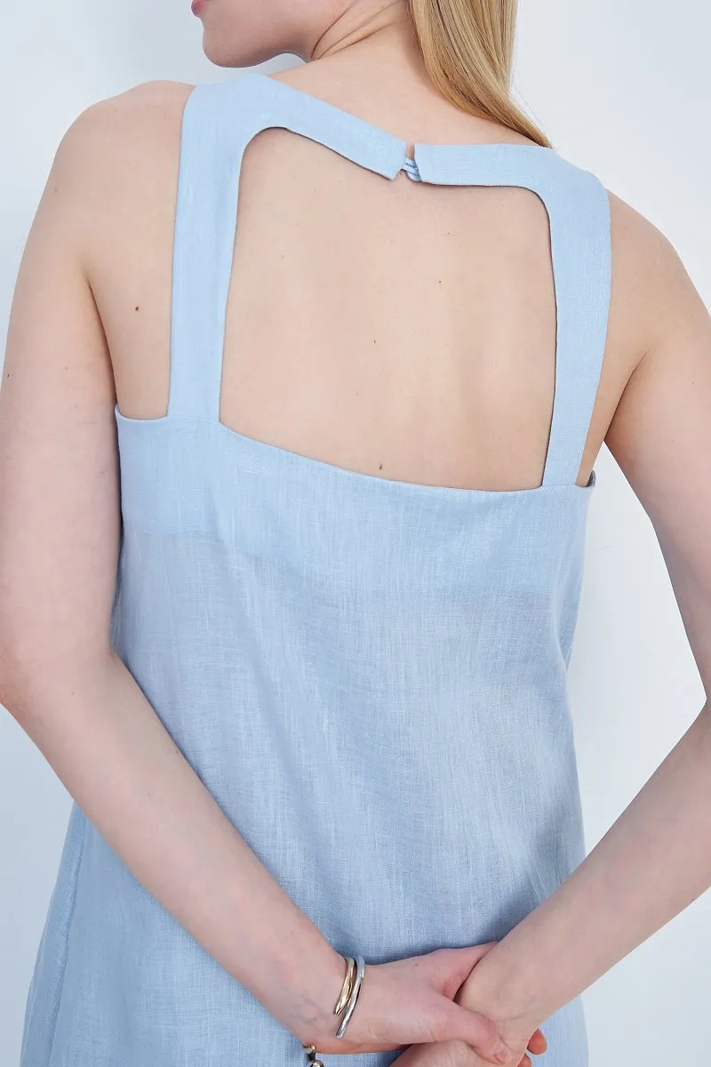 Vestido largo sin mangas de lino azul cielo para oficina de mujeres, con espalda descubierta
