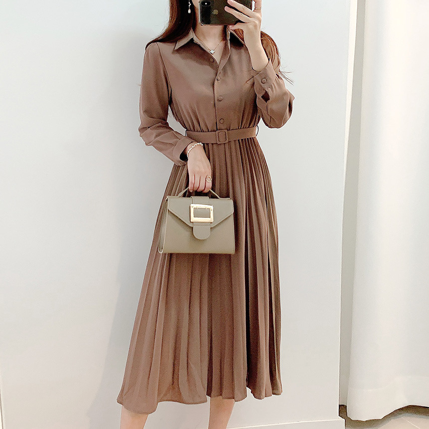 Nuevos vestidos largos plisados para mujeres, vestido de camisa con solapa, de manga larga, elegante francés, color sólido, vestido casual para oficina