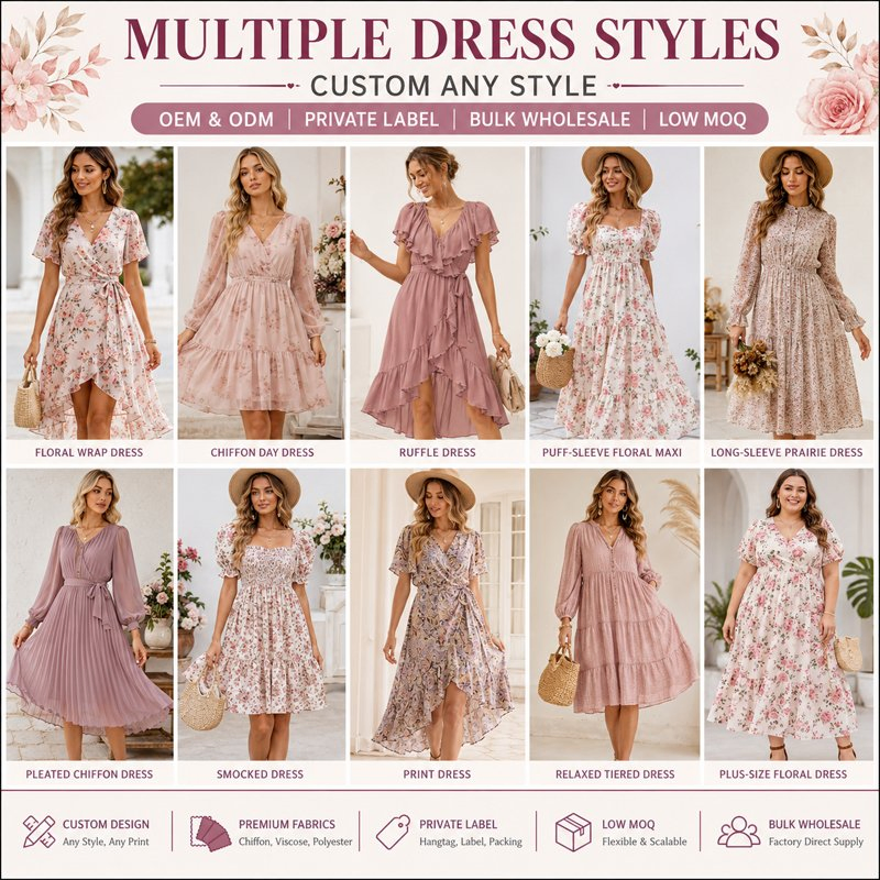 Fábrica de vestidos casuales impresos personalizados para diseño de logotipos de boutique y pedidos de impresión de moda