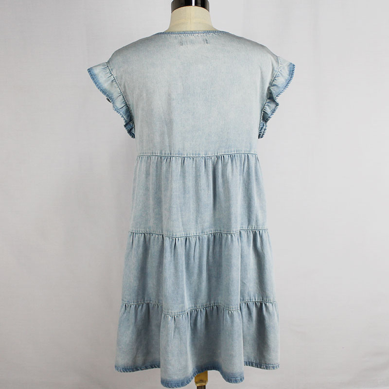Vestido de tirantes sin mangas con volantes en V de algodón vaquero vintage de lavado ligero