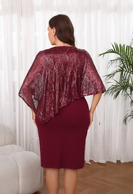 Vestido Bodycon con Superposición de Lentejuelas de Talla Grande al por Mayor, Vestido de Cóctel Elegante para la Noche, Conjunto Formal Halagador 2 para Mujeres Plus