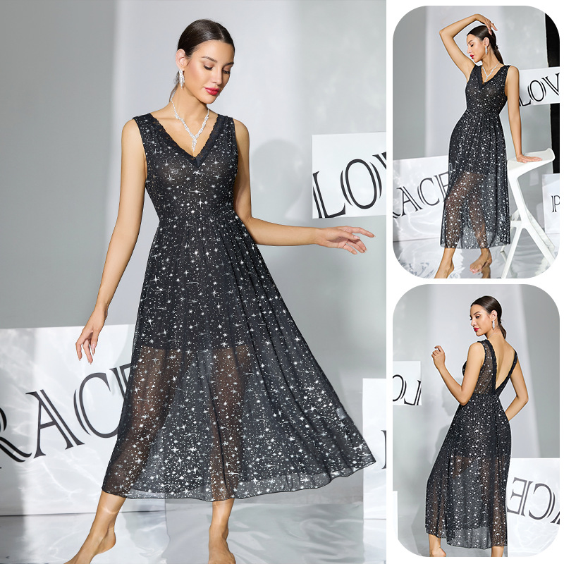 Vestido de dormir de malla brillante estrellada de lujo con espalda profunda y sin espalda, vestido de cita de longitud media para mujer