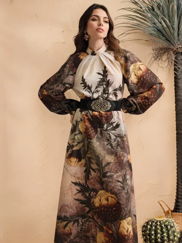 Vestido maxi de playa con corsé y cuello halter de estampado floral para mujer