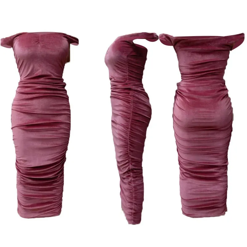 Vestido de noche elegante y sexy de tubo largo de terciopelo con fruncidos para mujeres