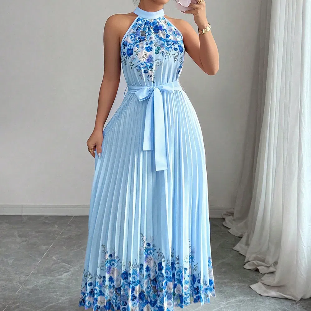 Nuevo vestido largo plisado impreso y a la moda para la ropa de mujer