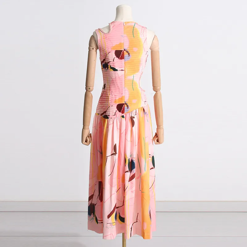 Vestido Largo Adelgazante de Cintura Primavera Nuevo Diseño Sin Mangas Sensación Hueca Vestidos Plisados para Mujeres