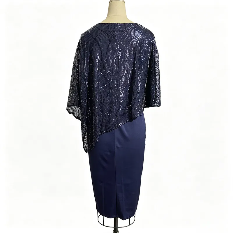 Vestido Bodycon con Superposición de Lentejuelas de Talla Grande al por Mayor, Vestido de Cóctel Elegante para la Noche, Conjunto Formal Halagador 2 para Mujeres Plus