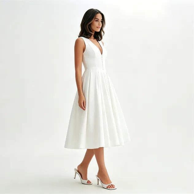 Vestido midi blanco sin mangas con cuello en V y cintura alta para mujer - Detalle del tejido