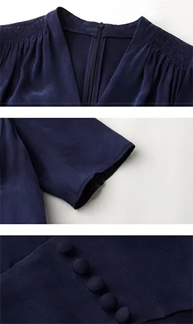 Vestido midi de terciopelo azul marino con cuello en V y mangas cortas para mujer