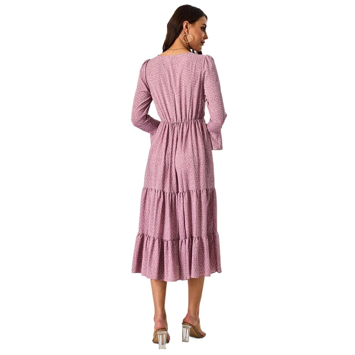 Vestido largo de mujer con cuello en V, de manga larga, plisado, color rosa vintage impreso